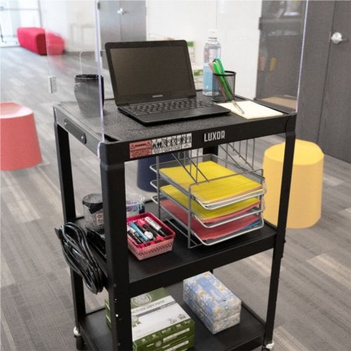 Luxor Adjustable-Height Steel Media Cart with Acrylic Sneeze Guard