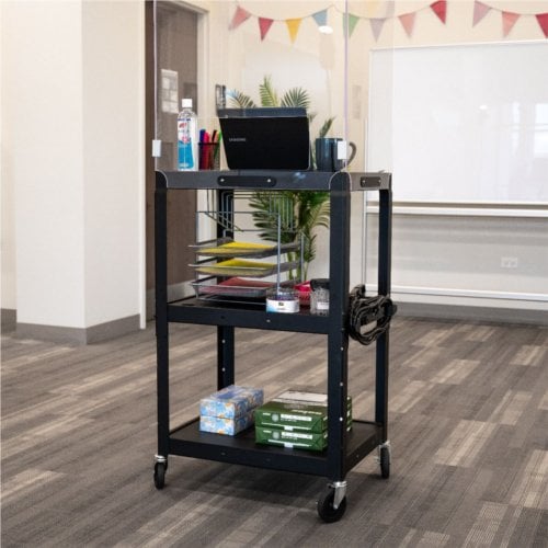 Luxor Adjustable-Height Steel Media Cart with Acrylic Sneeze Guard