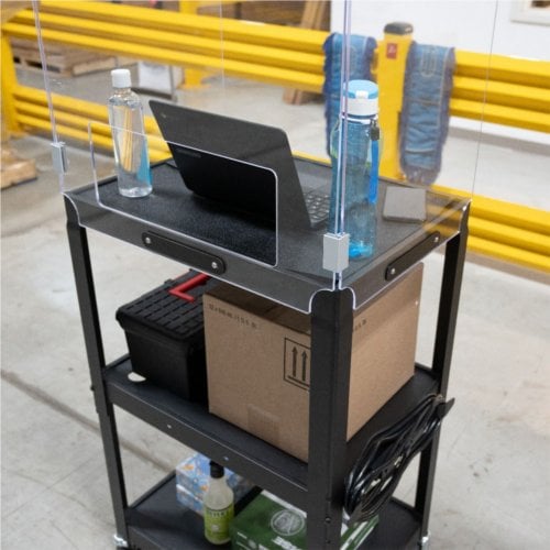 Luxor Adjustable-Height Steel Media Cart with Acrylic Sneeze Guard