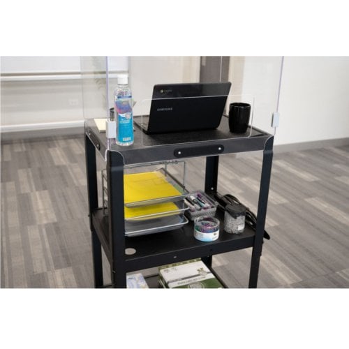 Luxor Adjustable-Height Steel Media Cart with Acrylic Sneeze Guard