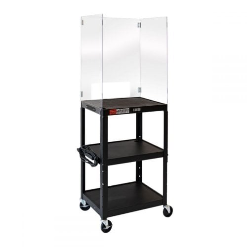 Luxor Adjustable-Height Steel Media Cart with Acrylic Sneeze Guard