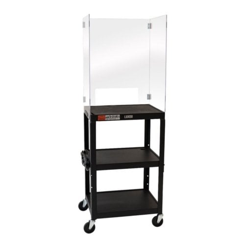 Luxor Adjustable-Height Steel Media Cart with Acrylic Sneeze Guard