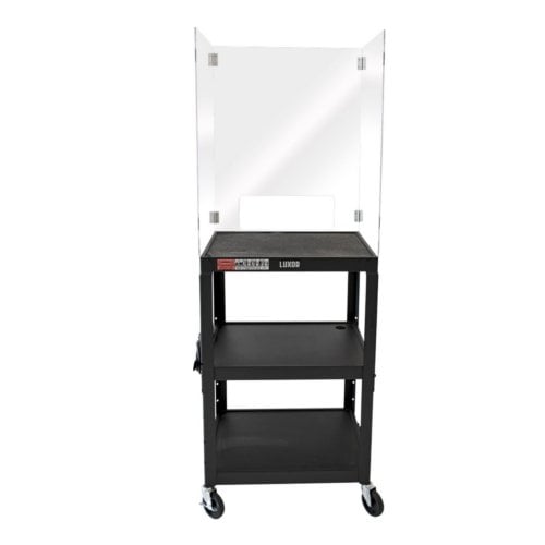 Luxor Adjustable-Height Steel Media Cart with Acrylic Sneeze Guard