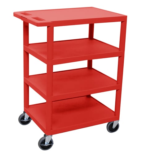 Luxor BC45-RD Red 24" x 18" 4-Flat Shelf Molded Plastic Utility Cart (Discontinued)