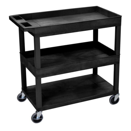Luxor EC112-B 32" x 18" Black 2-Tub/1-Flat Bottom Shelf Utility Cart