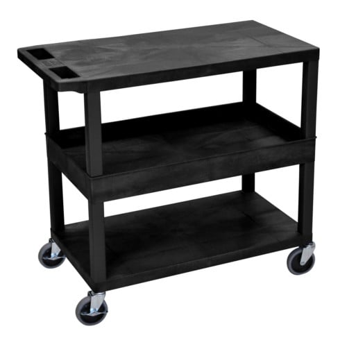 Luxor EC212-B 32" x 18" Black 2-Flat/1-Tub Middle Shelf Utility Cart