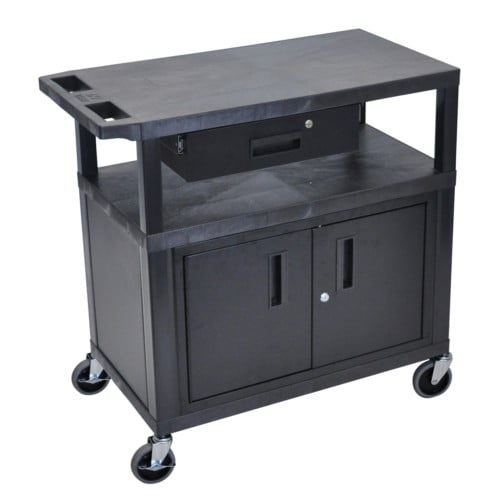 Luxor EC34CD-B 34.5" Black 3-Shelf Utility Cart with Cabinet and Drawer