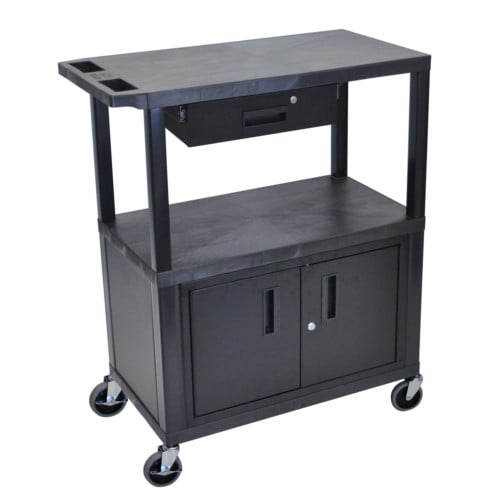 Luxor EC38CD-B 37.5" Black 3-Shelf Utility Cart with Cabinet and Drawer