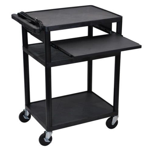 Luxor Endura 34" High Black 3-Shelf A/V Utility Cart with Front Pullout Shelf
