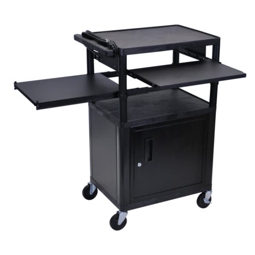 Luxor Endura 42" High Black 3-Shelf A/V Utility Cart with Cabinet and Front/Side Pullout Shelves
