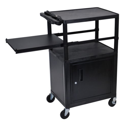 Luxor Endura 42" High Black 3-Shelf A/V Utility Cart with Cabinet and Side Pullout Shelf