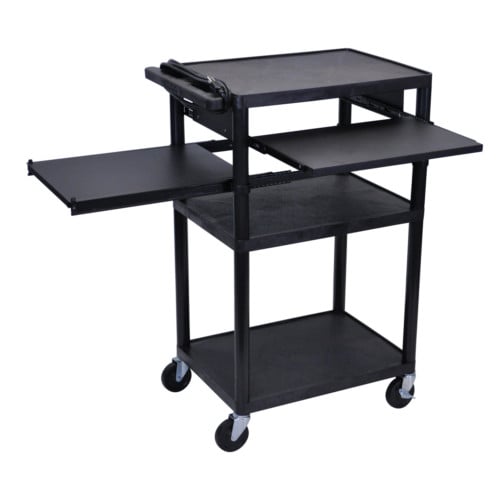 Luxor Endura 42" High Black 3-Shelf A/V Utility Cart with Front/Side Pullout Shelves