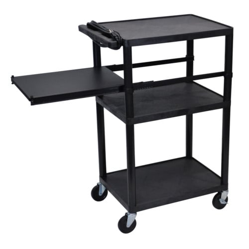 Luxor Endura 42" High Black 3-Shelf A/V Utility Cart with Side Pullout Shelf