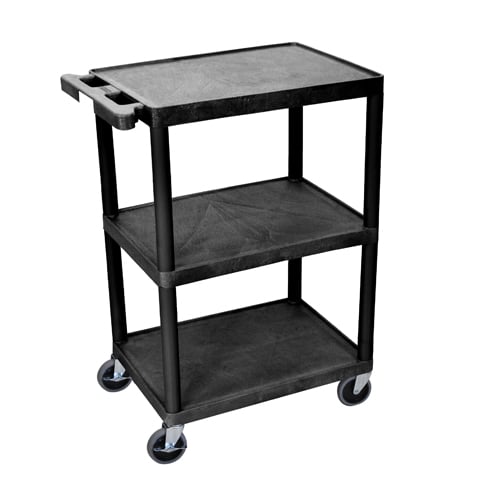 Luxor HE34-B 34" High Black Molded Plastic 3-Shelf Utility Cart