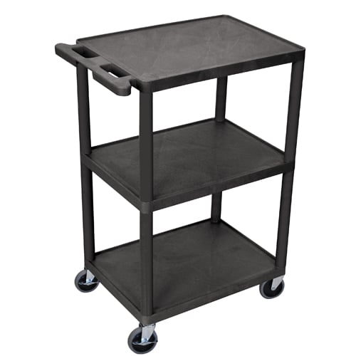 Luxor HE42-B 43" High Black Molded Plastic 3-Shelf Utility Cart