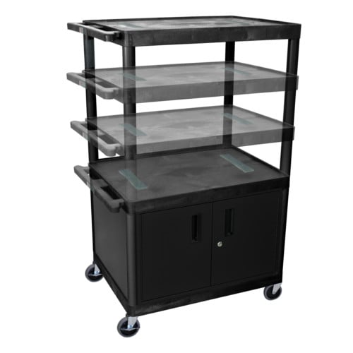 Luxor LELDUOC-B Black Endura Multi-Height Large 3-Shelf A/V Utility Cart with Cabinet