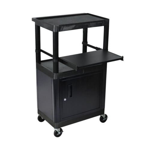 Luxor LT45C-B Endura 44.25" High Black 3-Shelf A/V Utility Cart with Cabinet and Pullout Shelf