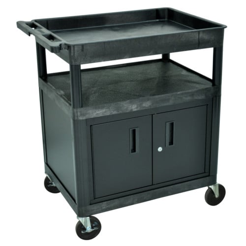 Luxor TC122C-B Black Large Top Tub and Middle/Bottom Flat Shelf Utility Cart with Cabinet