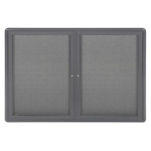 Ghent Ovation 34" x 47" 2-Door Indoor Enclosed Fabric Bulletin Boards with Gray Frame