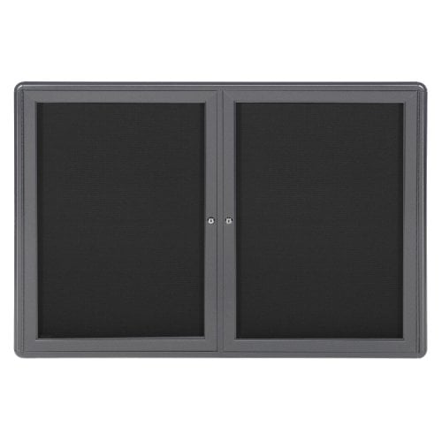 Ghent Ovation 34" x 47" 2-Door Indoor Enclosed Black Fabric Bulletin Board with Gray Frame