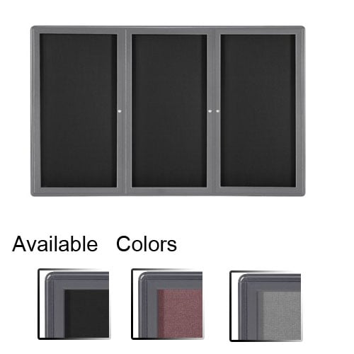 Ghent Ovation 48" x 72" 3-Door Indoor Enclosed Fabric Bulletin Boards with Gray Frame