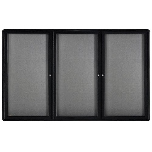 Ghent Ovation 48" x 72" 3-Door Indoor Enclosed Gray Fabric Bulletin Board with Black Frame