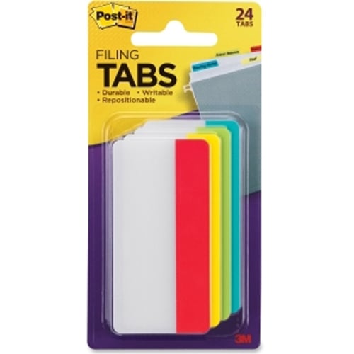 Post-it 1.5" x 3" Assorted Write-on Durable Filing Tabs - 24pk (Aqua/Lime/Yellow/Red)