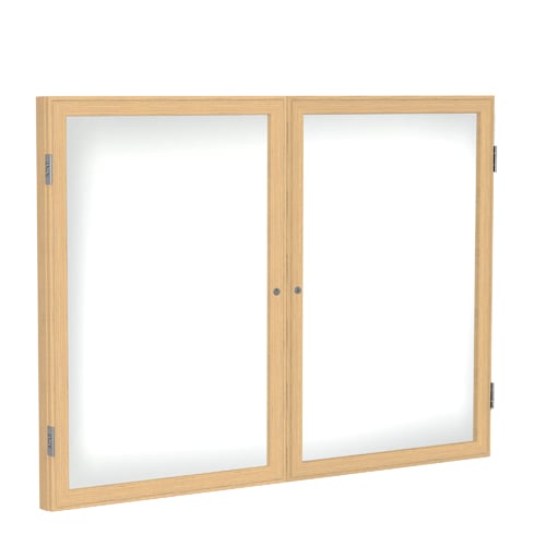 Ghent 2-Door  Indoor Enclosed Porcelain Magnetic Whiteboard with Oak Wood Frame