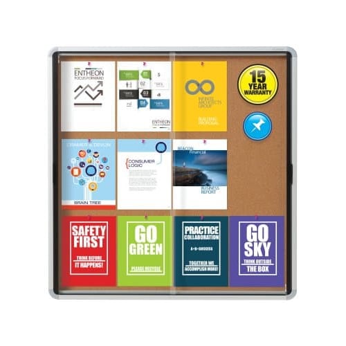 Quartet Contemporary 38" x 39" Indoor Enclosed Cork Bulletin Board with 2 Sliding Doors - QRT-EISC3938