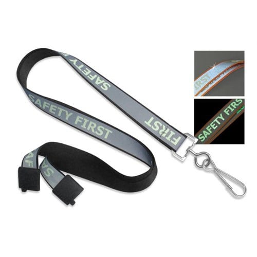 Reflective Lanyard with Safety First Luminescent Imprint and Nickel-Plated Steel Swivel Hook - 100pk