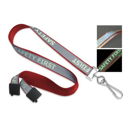 Reflective Lanyard with Safety First Luminescent Imprint and Nickel-Plated Steel Swivel Hook - 100pk