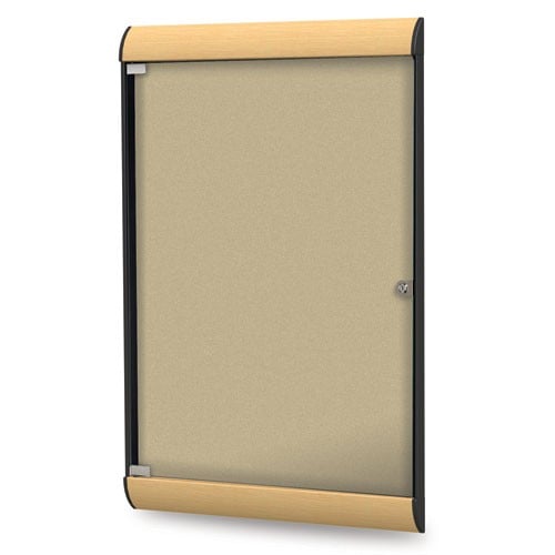 Silhouette 42 1/8" x 27 3/4" 1-Door Caramel Vinyl Fabric Tackboard w/ Black Frame