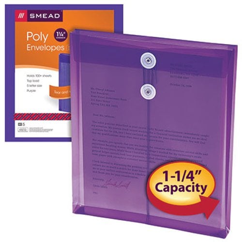 Smead Purple Top-Load 8.5" x 11" Poly Envelopes with String-Tie Closure - 5pk