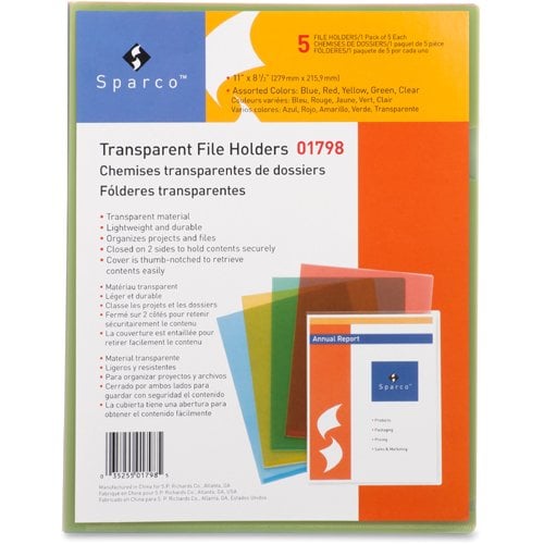 Business Source Assorted Transparent Letter Size File Holder - 5pk (Discontinued)