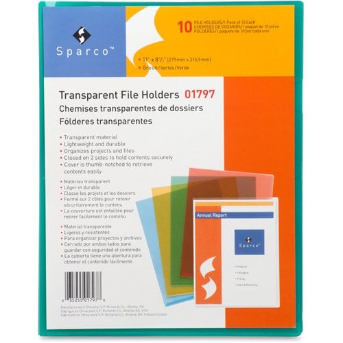 Business Source Green Transparent Letter Size File Holder - 10pk