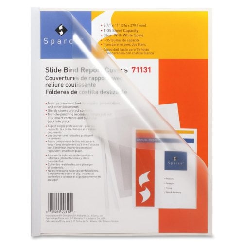 Sparco Slide Bind White Back/Clear Front Poly Report Cover - 50pk