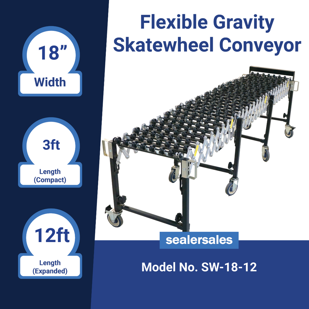 SealerSales SW-18-12 Gravity Skate Wheel Conveyor (18" Wide x 3' Compacted to 12' Expanded)