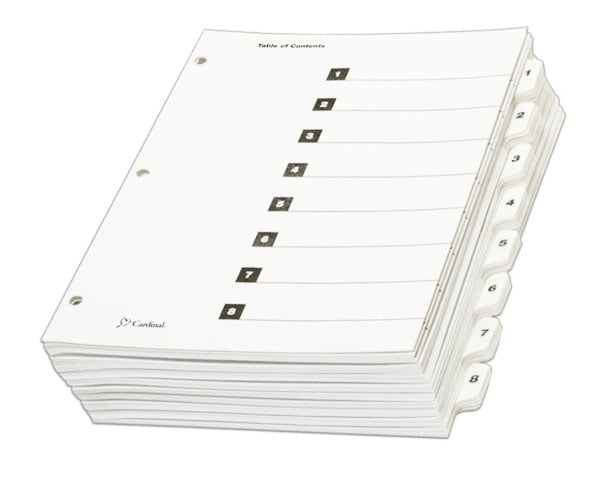 Cardinal White QuickStep Table of Contents/8 Tab Divider (6 Packs, 24 Sets/Pack) - CRD-60833