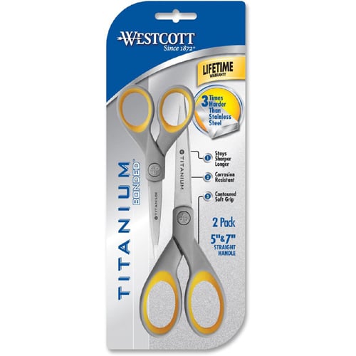 Westcott Titanium Bonded 5" and 7" Straight Scissors Combo Pack w/ Soft Grip Handles