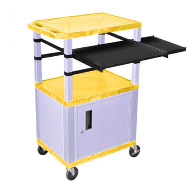 H. Wilson 42" High Yellow Tuffy Utility A/V Cart with Side & Front Pull-out Shelf and Cabinet (3-Shelf Putty Legs)