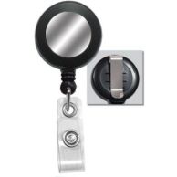 Black Round Badge Reel with Silver Sticker and Belt Clip Image 1