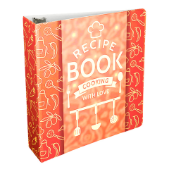 A vibrant Custom Ring Binder designed as a recipe book, featuring a red and orange color scheme with kitchen utensil illustrations and the words "Recipe Book - Cooking with Love" on the cover.