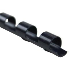 A Fellowes Premium 1/4" Navy Blue Plastic Binding Comb with a smooth, glossy finish and evenly spaced loops is designed for securely binding punched documents while allowing easy page turning.