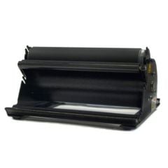 Side view of the Rhin-O-Tuff HD-E4100 Electric Econ-O-Roll Coil Inserter, displaying its black cylindrical design and sturdy base.