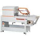 A Clamco 4C Combo L-Sealer and Tunnel System and Accessories, featuring an industrial packaging machine with an integrated sealing and shrink tunnel, equipped with an orange safety bar, control panel, and a roll of shrink film.