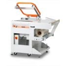 A Clamco 4L High Performance L-Bar Sealer with an orange sealing arm, film roll holder, and a wheeled base, designed for efficient packaging operations.