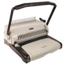 Side view of an Akiles EcoBind-C Plastic Comb Binding Machine, showcasing its manual binding lever, plastic comb slots, and sturdy base.