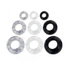 An assortment of black and white circular grommets in various sizes, labeled as White Plastic Grommets - 500 Sets."