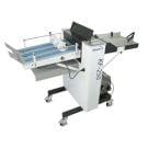 The Count KF-250 Air Feed Knife Folder, a professional paper folding machine with an adjustable conveyor belt and sturdy metal frame on caster wheels.