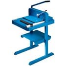 A blue Martin Yale 7000E 12" Commercial Stack Cutter, featuring a manual lever and sturdy metal stand for heavy-duty paper cutting.